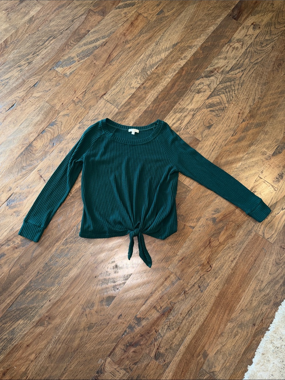 Womens Dark Green Tie-Front Ribbed Long-Sleeve Top Small petite